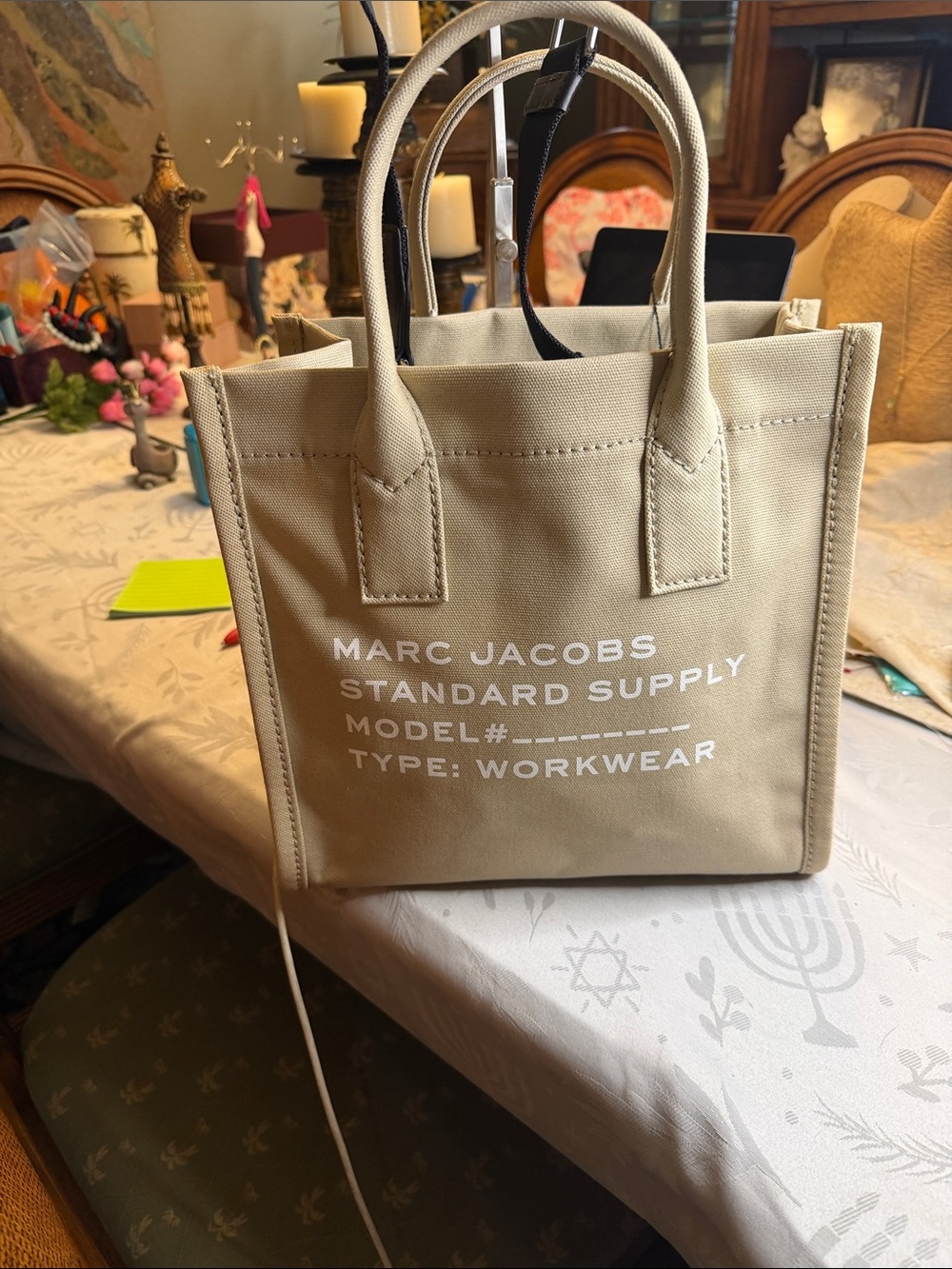 Marc Jacobs Beige Canvas Tote with White Logo Print